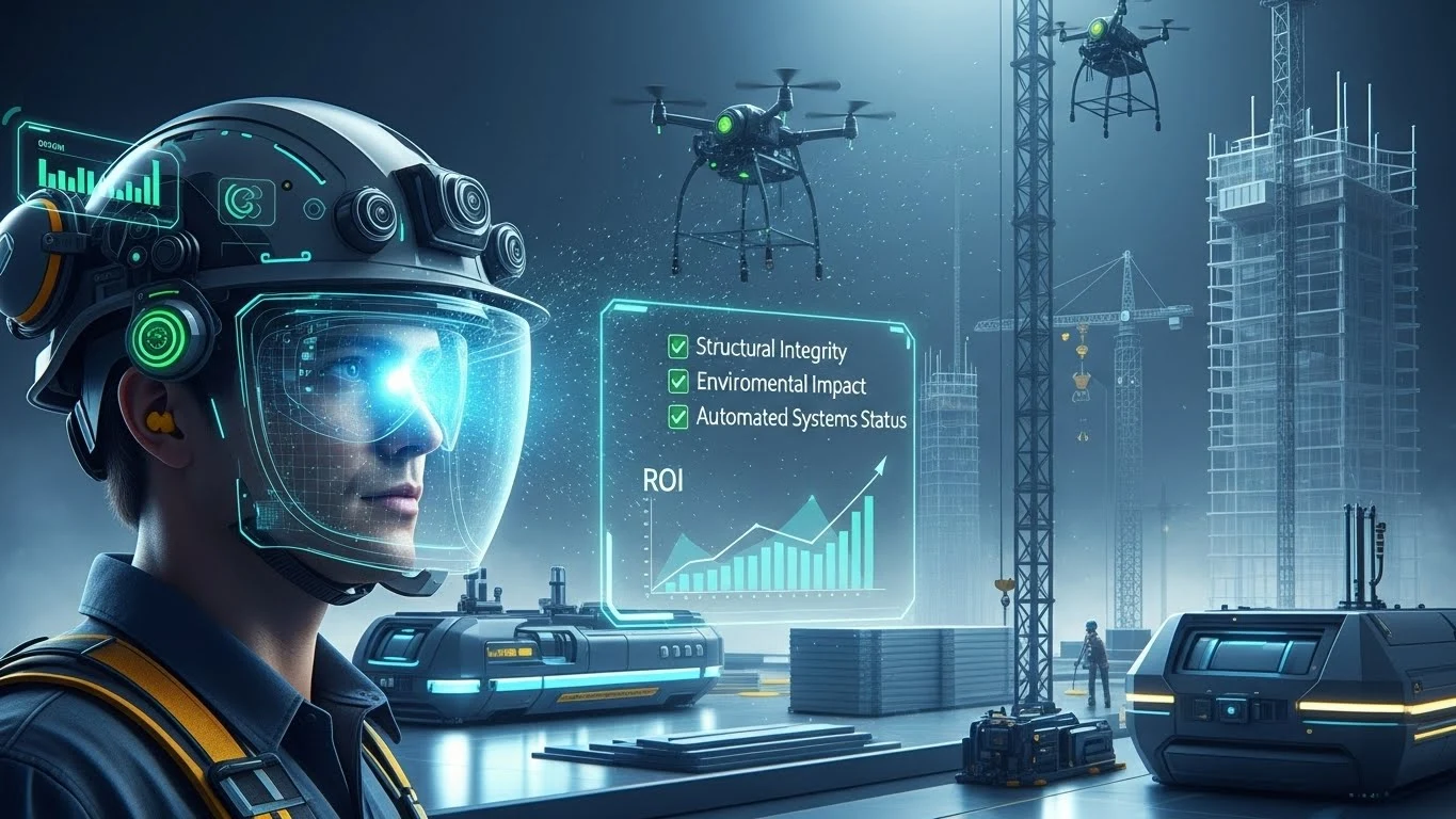 건설 현장에서 스마트 안전모를 착용한 작업자가 홀로그램 데이터를 보며 ROI 분석을 확인하는 모습. 첨단 기술을 통한 건설 현장의 안전 관리 혁신을 상징.