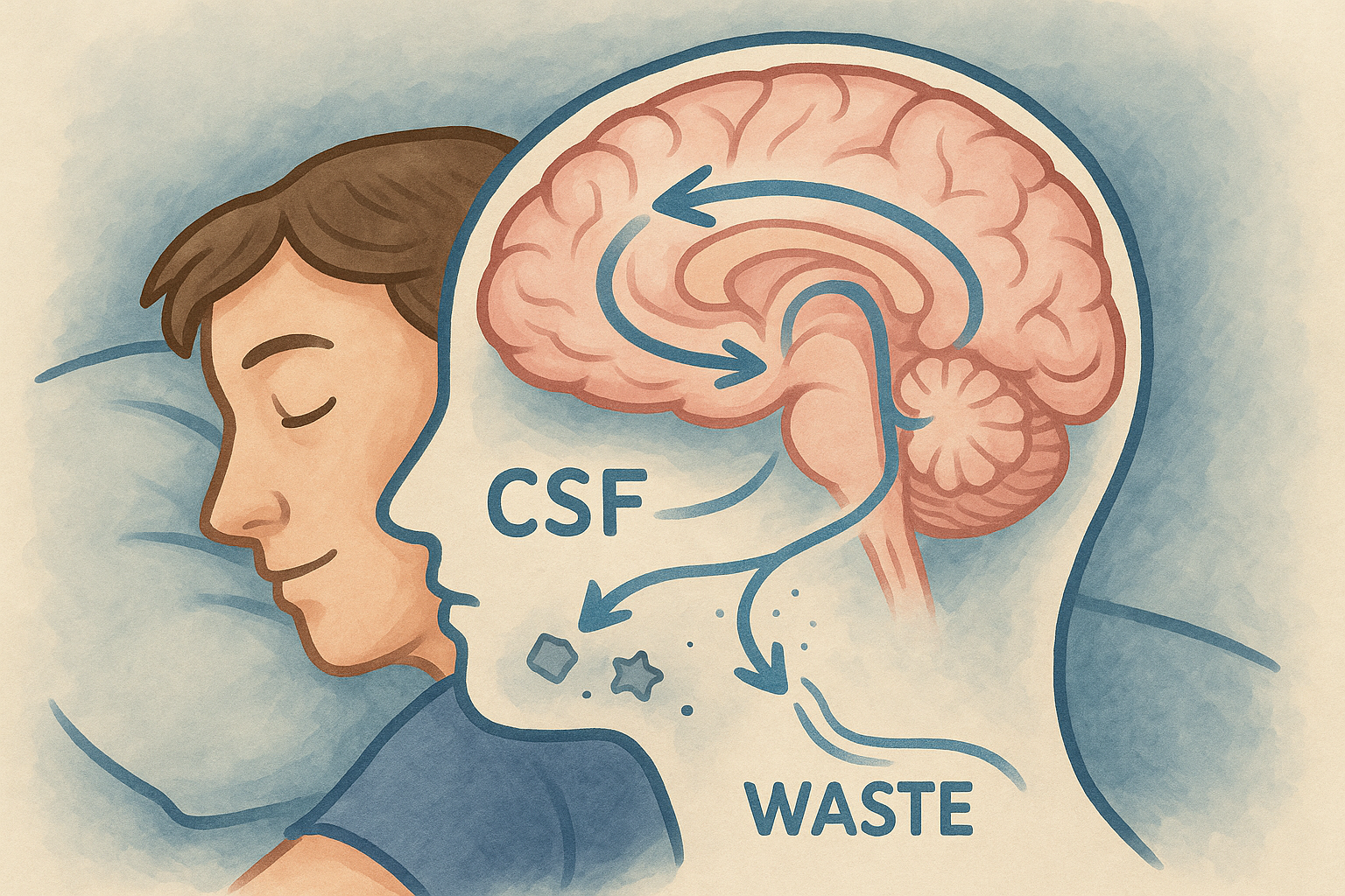 뇌 피로 해소법의 핵심인 수면 중 글림프 시스템이 활성화되어 뇌의 노폐물을 청소하는 과학적 원리를 보여주는 이미지.
