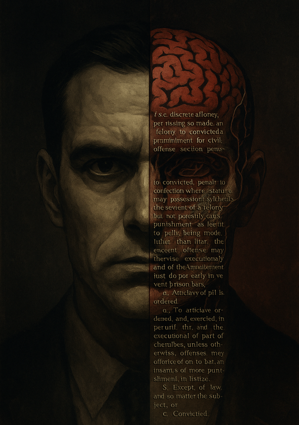 "감정 없는 얼굴과 법률 텍스트가 결합된 남성의 분할된 초상화. 공감 결여와 판단 능력을 대조적으로 상징하는 사이코패스 범죄자 표현 이미지."