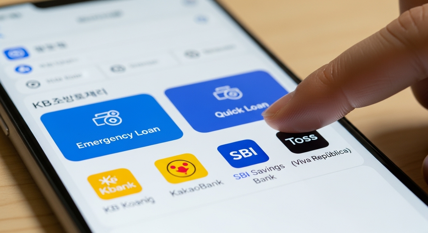 스마트폰 화면에 카카오뱅크, 케이뱅크 등 여러 은행의 모바일 비상금 대출 앱이 표시되어 있다.