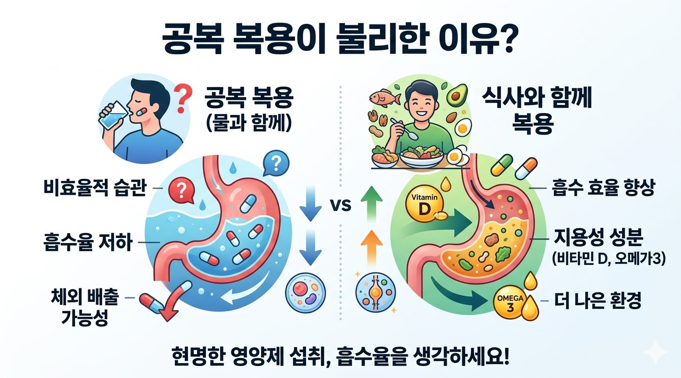 공복 복용과 식후 복용에 따른 영양제 흡수율 차이 비교