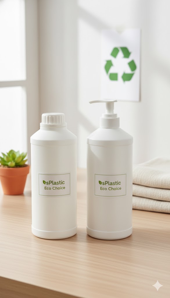 재활용 심볼과 함께 놓인 HDPE 용기의 친환경성을 나타내는 이미지. 지속 가능한 경영을 위한 선택