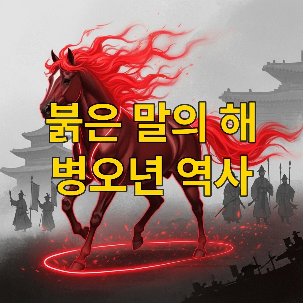 병오년의 의미를 상징하는 붉은색 불꽃 갈기를 가진 역동적인 말과, 흐릿하게 보이는 한국의 역사적 건축물.