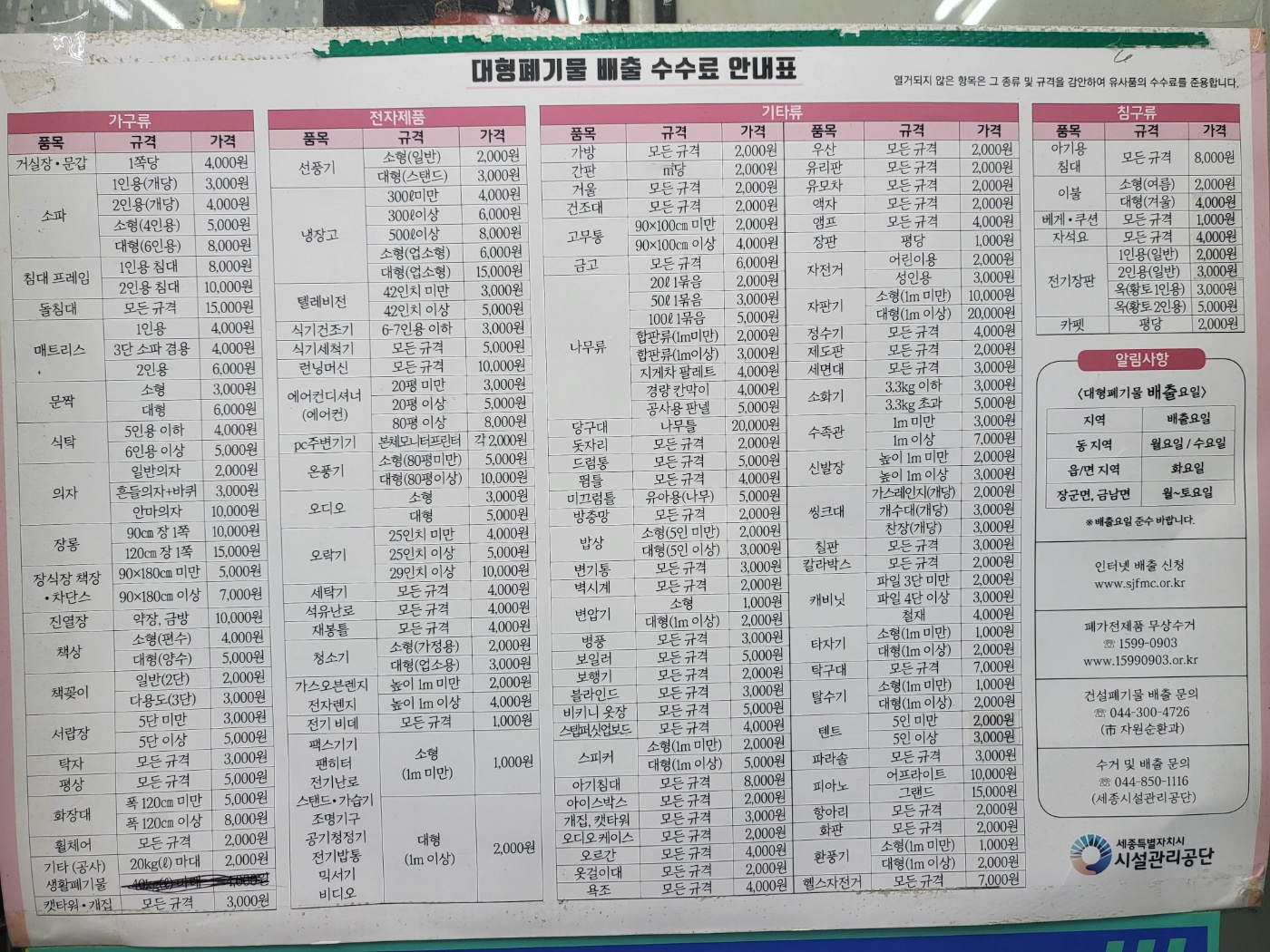대형폐기물 수수료 비용 사진(세종시 2024년)
