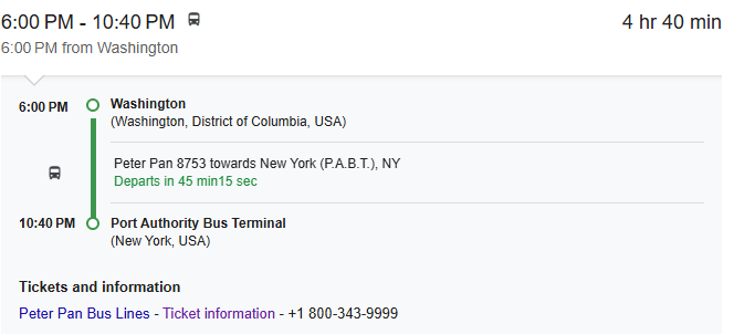 워싱턴 DC에서 뉴욕으로 버스를 타고 이동할 때 걸리는 시간에 대한 정보입니다.
