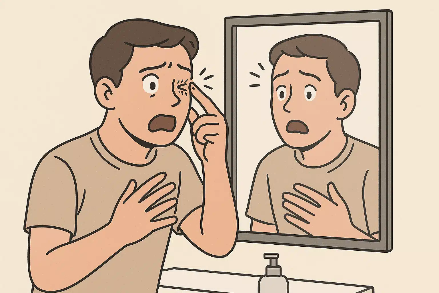 거울 앞에서 눈꺼풀이 파르르 떨려 놀란 표정을 짓는 사람