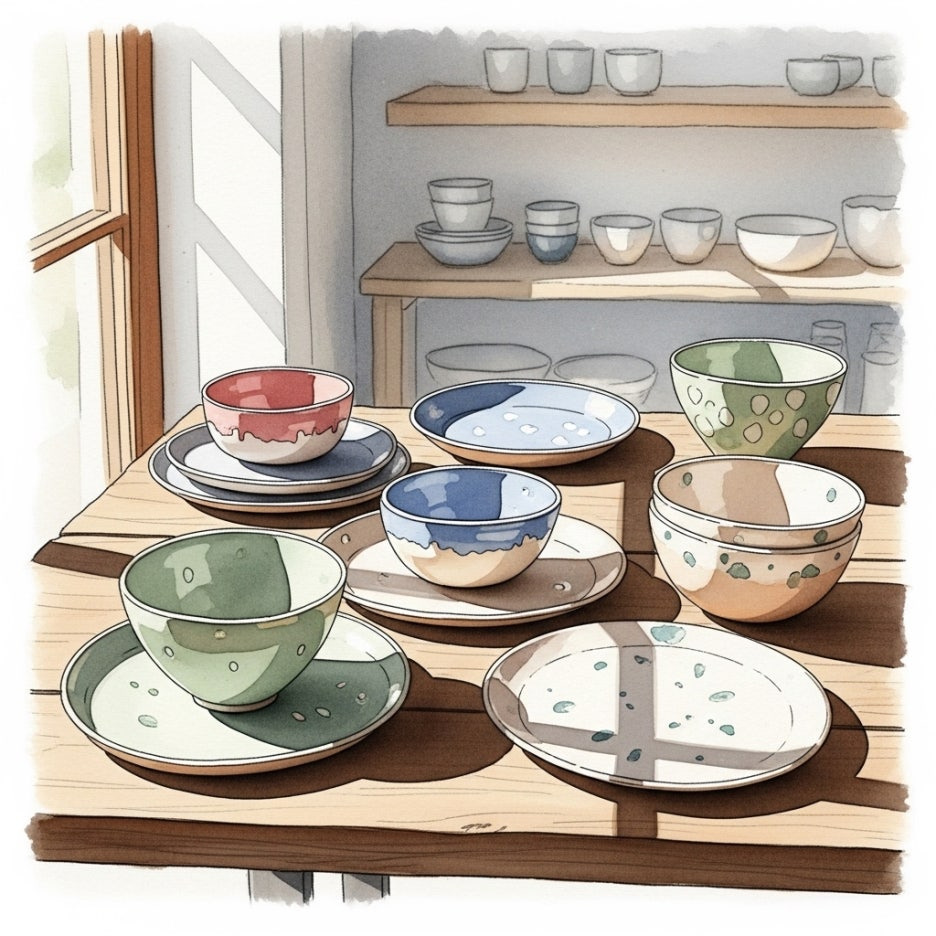 햇살이 비치는 공방의 정갈한 도자기들