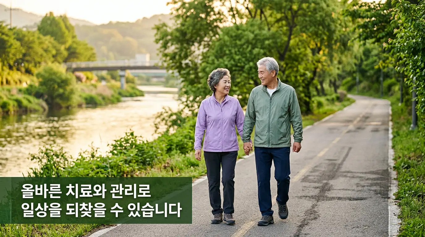 무릎에 물이 차는 증상 치료 후 일상 회복 희망 이미지