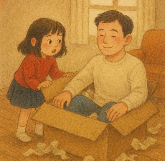 어린 소녀가 박스에서 주문한 아빠를 꺼내는 장면