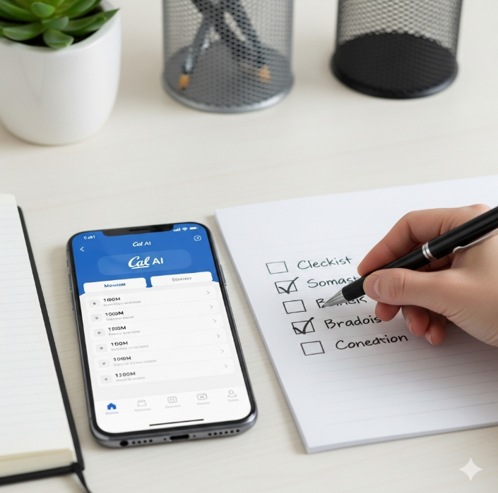 깔끔하고 정돈된 책상 위에 놓인 스마트폰과 노트. 스마트폰 화면에는 Cal AI 앱이 켜져 있고, 옆에는 펜으로 체크된 체크리스트가 놓여 있다