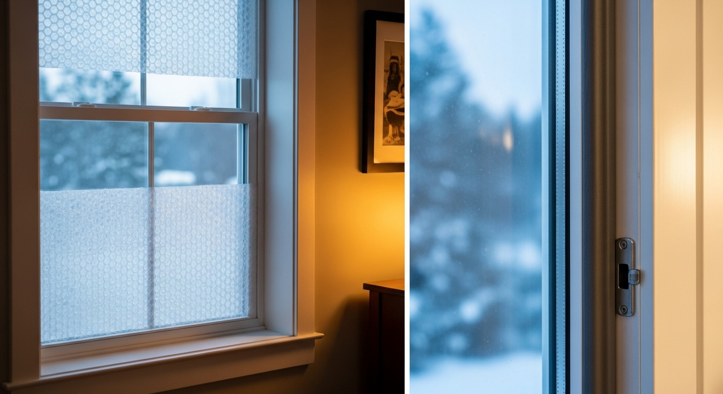 창문 뽁뽁이와 문틈 문풍지 부착을 통한 단열 효과 이미지