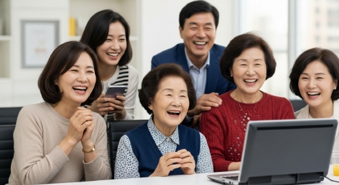 다양한 연령층 인물이 함께 웃으며 화면을 바라보는 장면