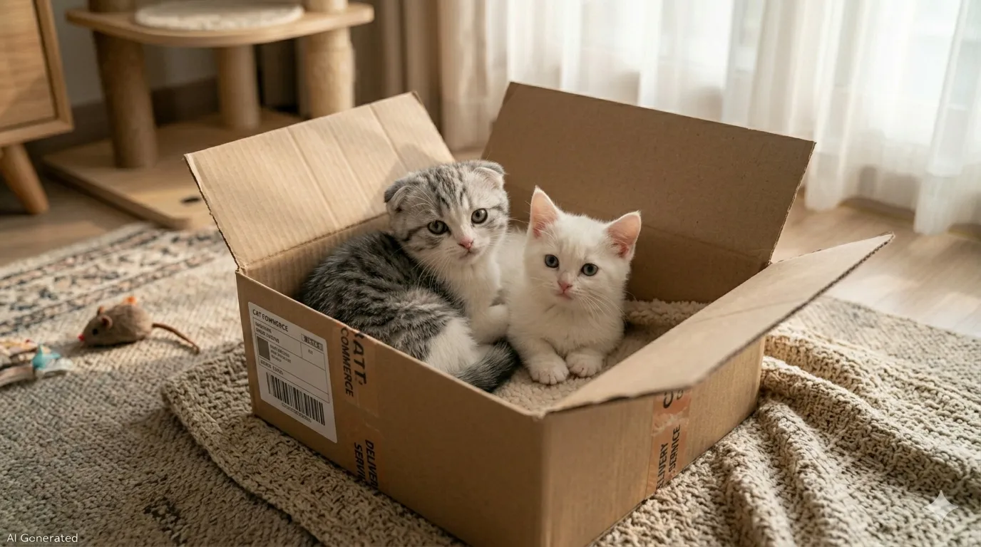 종이 택배 박스 안에 함께 들어가 있는 하얀색 먼치킨 고양이와 회색 무늬 스코티쉬폴드 고양이