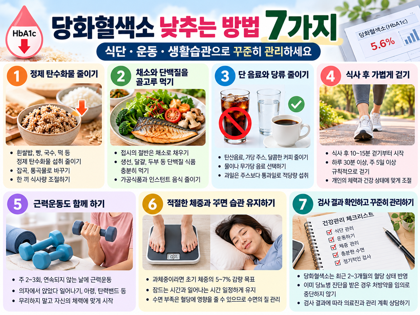 당화혈색소 관리에 도움이 되는 7가지 생활습관을 한눈에 보여주는 4:3 체크리스트 인포그래픽