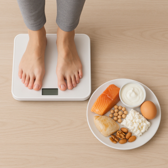체중계 위에 선 발과 단백질 식품