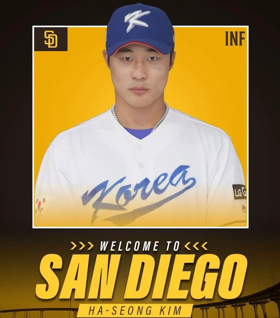 김하성-검은배경 위 노란 네모 안 흰색 국가대표 유니폼을 입고 정면을 바라보는 김하성