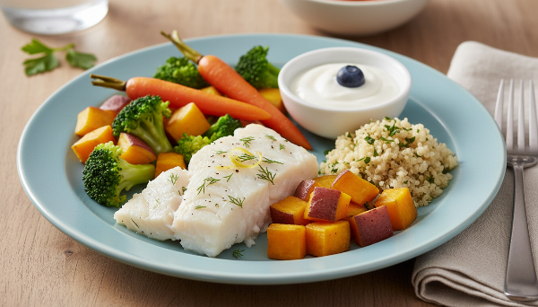 소화하기 쉽고 영양가 높은 시니어를 위한 균형 잡힌 식사 접시: 찐 생선, 익힌 채소, 통곡물, 플레인 요거트