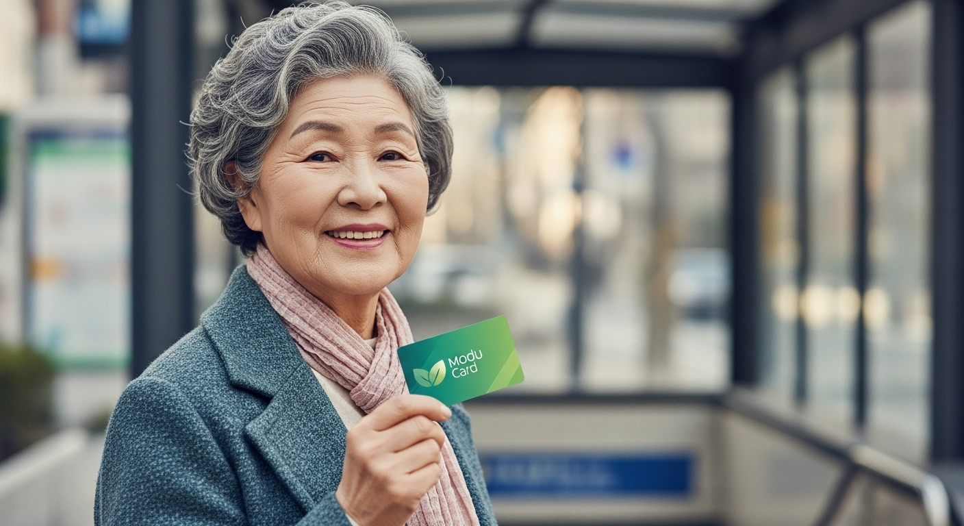 활기찬 표정의 70대 한국인 여성이 '모두의 카드'를 들고 대중교통을 이용하는 모습, 시니어 교통비 절약의 자유를 상징.