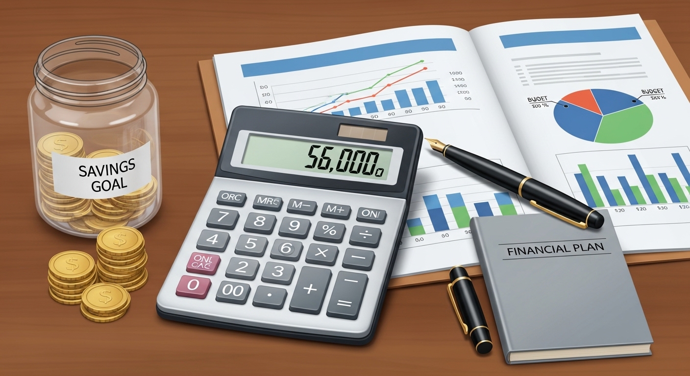연말정산과 재정 목표 설정을 상징하는 계산기, 동전, 차트 문서 등 금융 관련 이미지.