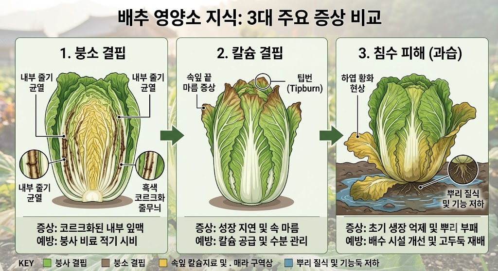 배추 줄기 갈라짐과 잎끝 탄 현상을 구분하는 생리장해 진단 비교 삽화