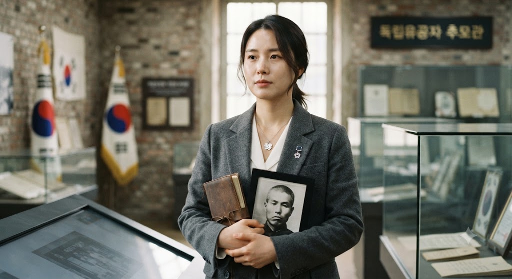 독립유공자 손녀가 할아버지 사진을 들고 있는 모습