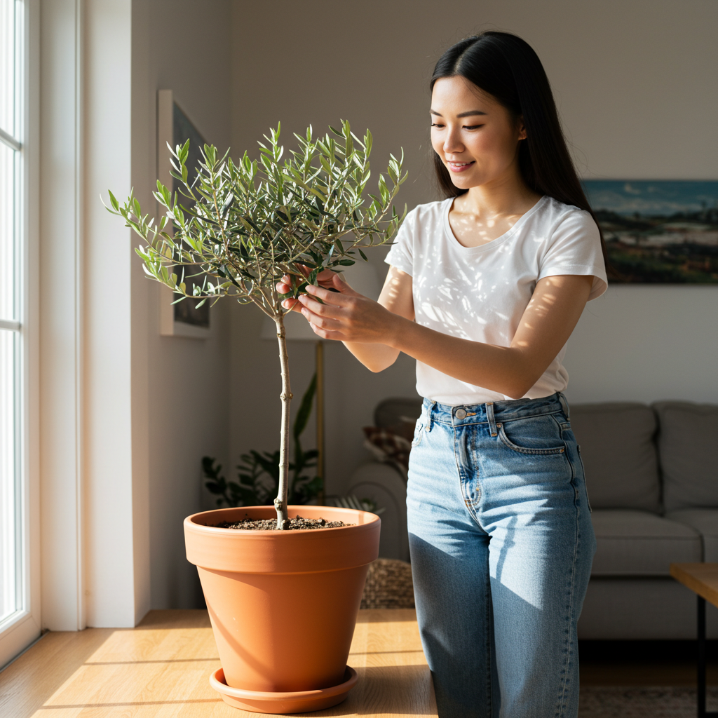 올리브나무를 흐뭇하게 바라보는 여성