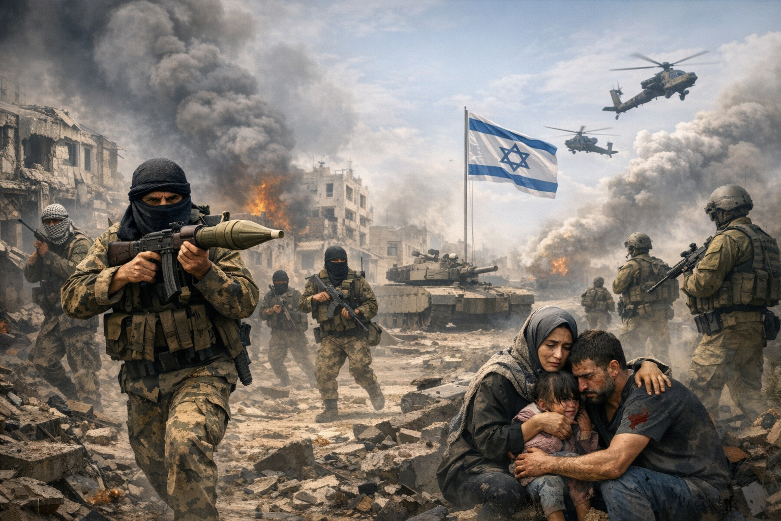 A war-damaged city with soldiers, military vehicles, helicopters, and civilians amid smoke and ruins.