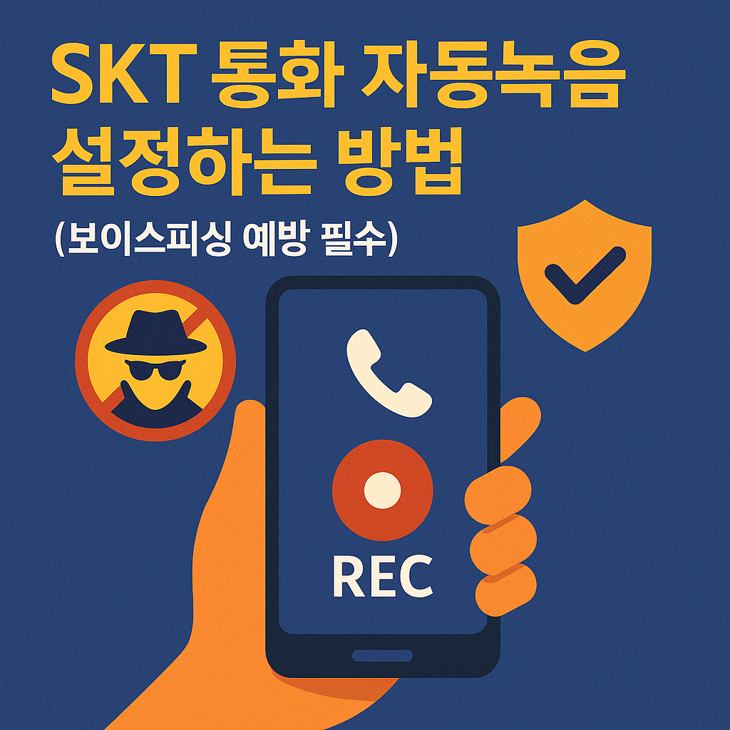SKT 통화 자동녹음 설정법과 보이스피싱 예방 메시지를 강조하는 스마트폰 보안 일러스트 썸네일 이미지