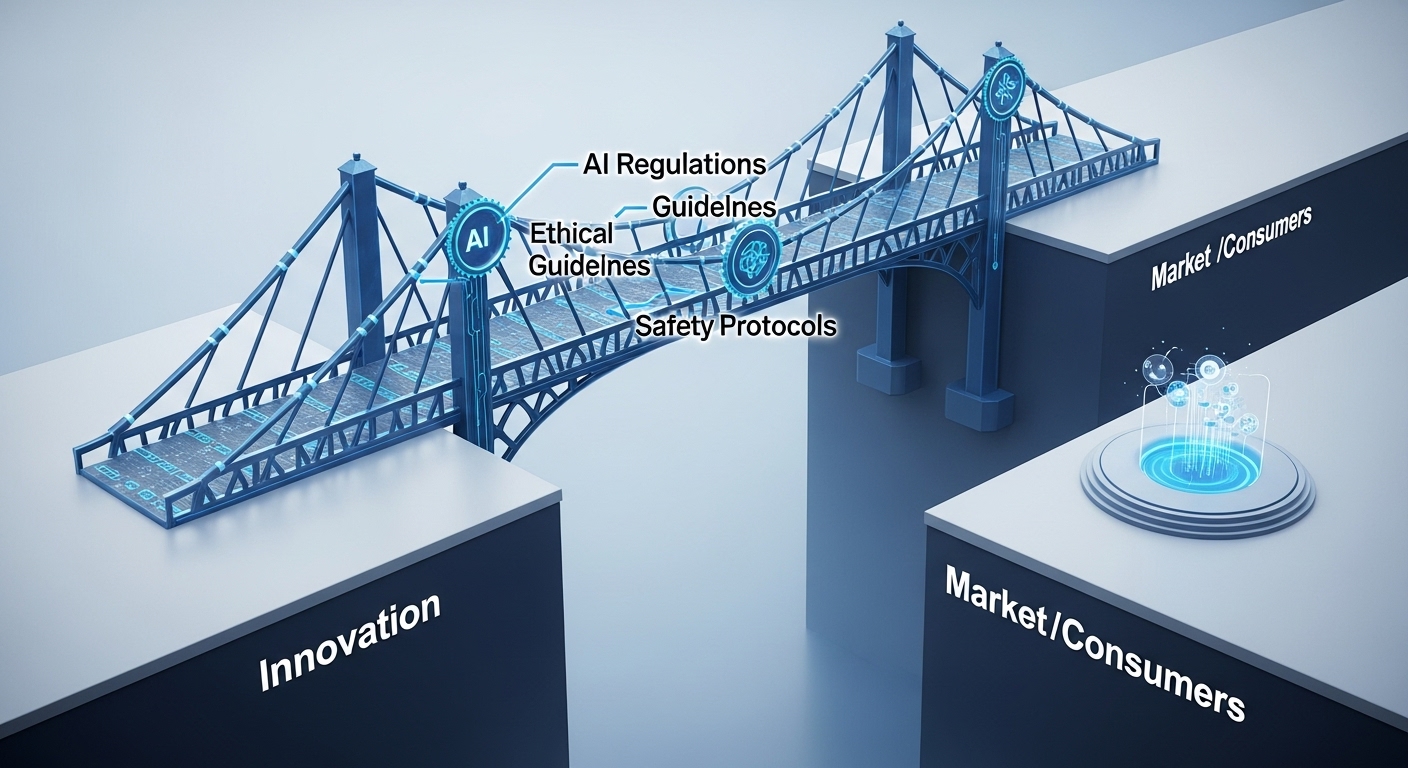 AI 혁신이 시장에 안전하게 도달하도록 돕는 법적 규제와 윤리 가이드라인의 다리를 시각화한 이미지.