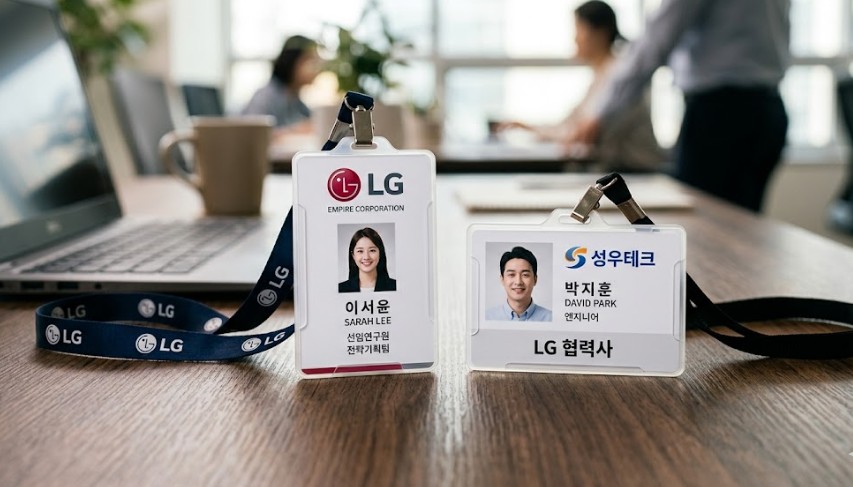 하나의 사무실 책상 위에 놓인 두 개의 서로 다른 사원증, 하나는 대기업 로고가 선명하고 다른 하나는 협력사 로고가 적혀 있어 대조를 이루는 클로즈업 사진.