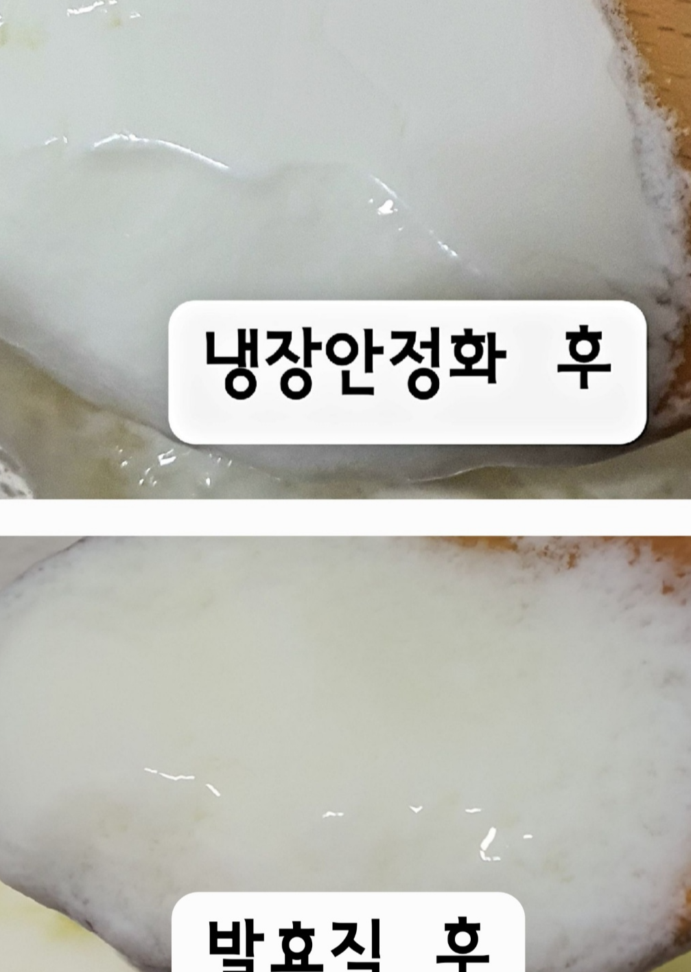 발효된 요거트가 뭉치기전의 모습과 냉장후 뭉친 모습