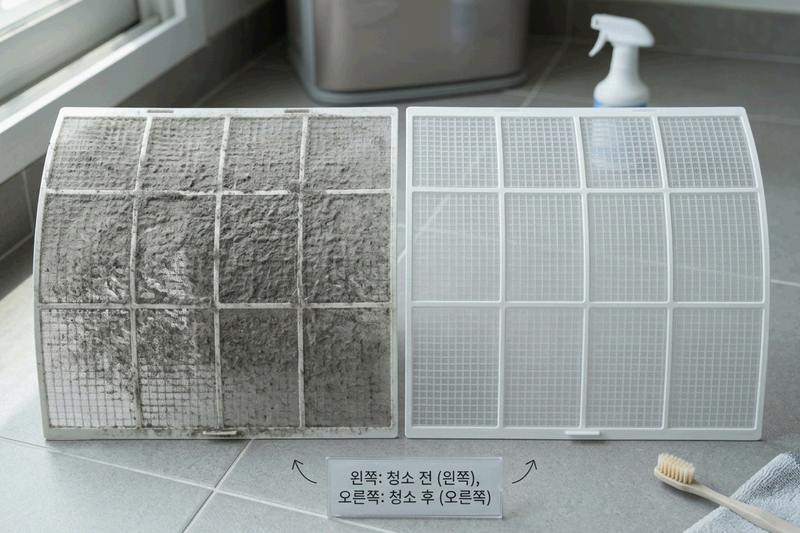 에어컨 필터 청소 전후 먼지 제거 비교