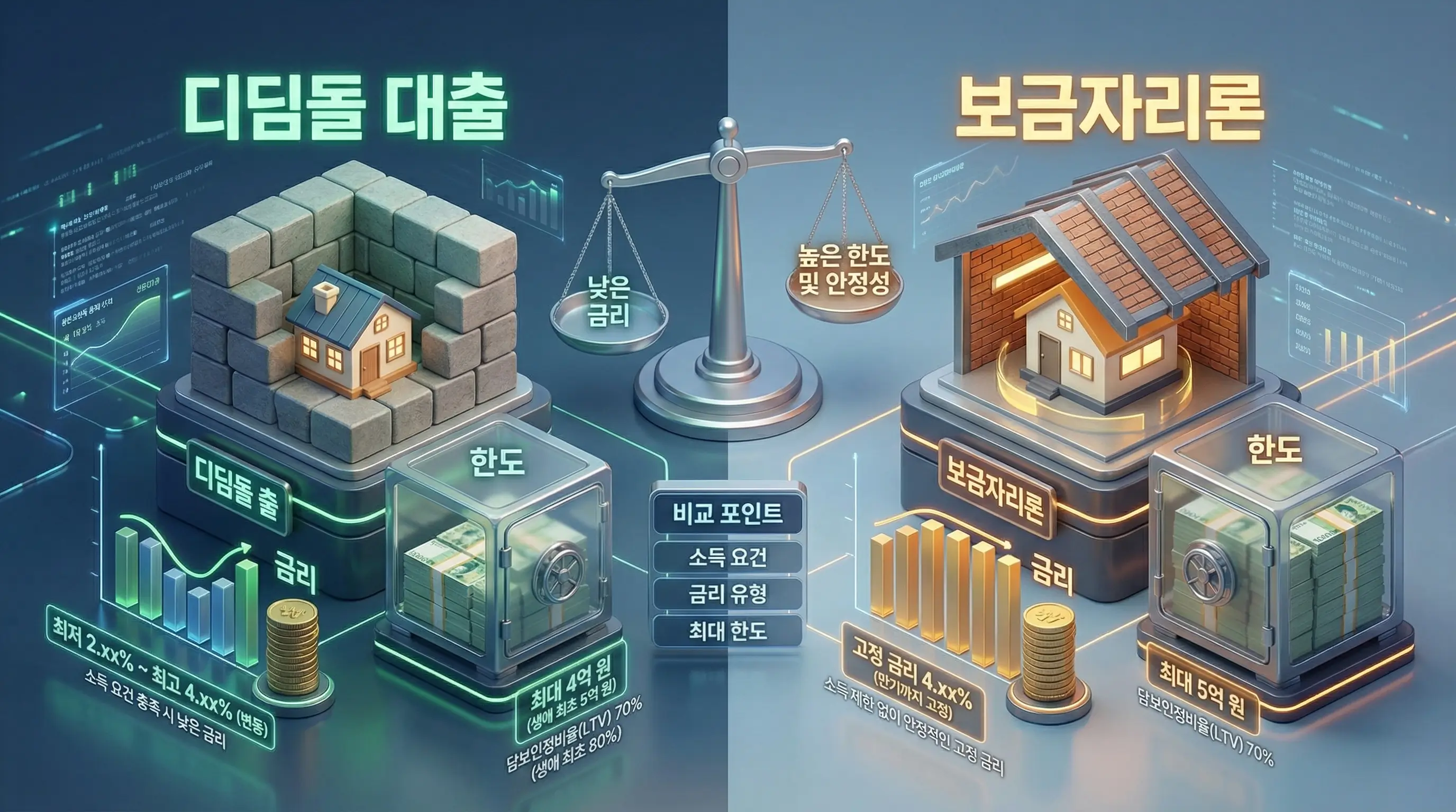 디딤돌 대출과 보금자리론의 금리 및 한도를 비교하는 3D 인포그래픽