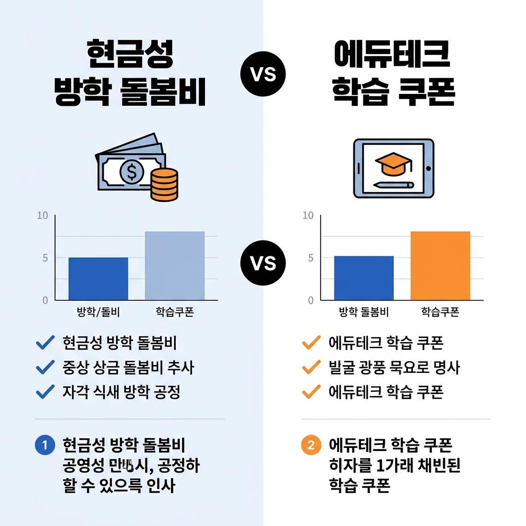 "현금성 방학 돌봄비와 에듀테크 학습 쿠폰의 혜택 및 장단점을 한눈에 보여주는 비교 인포그래픽 차트"