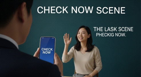‘지금 확인하세요’ 문구와 함께 스마트폰 화면을 들고 있는 남성