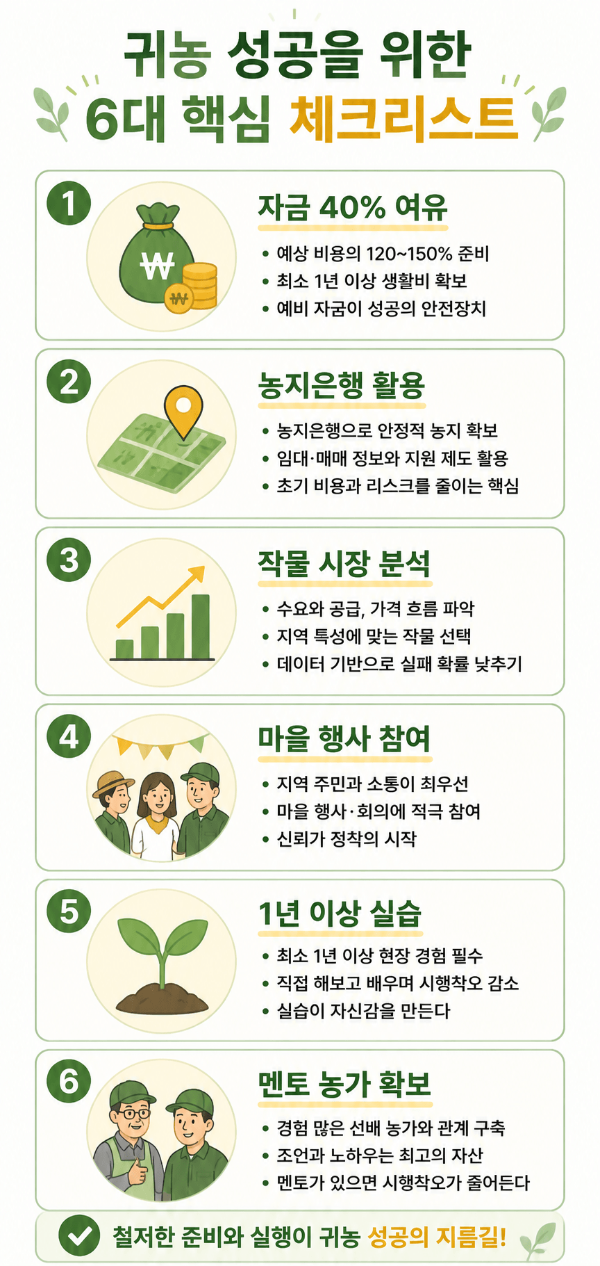 성공적인 귀농을 위한 6대 핵심 체크리스트 인포그래픽