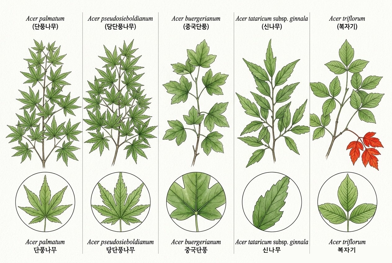 단풍나무 5종 잎 비교 도판