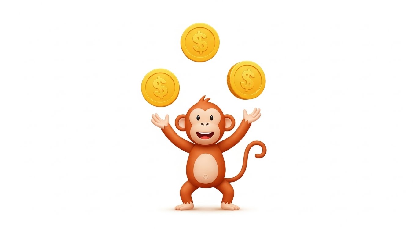 재치와 능력을 발휘하여 여러 가지 행운의 기회를 동시에 다루는 영리한 원숭이띠 캐릭터 그래픽