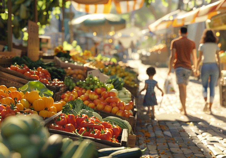 추석을 앞두고 전통시장에서 장을 보는 사람들과 과일, 채소가 진열된 풍경