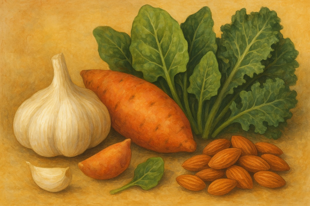 마늘, 고구마, 시금치, 케일, 아몬드가 따뜻한 색감의 배경 위에 조화롭게 놓여 있는 전통적인 화풍의 그림