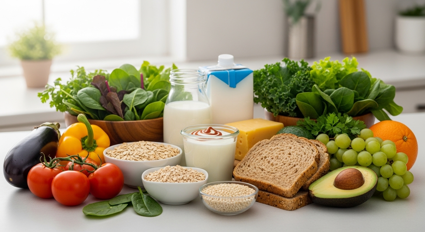 엄선된-통곡물,-유제품,-잎채소,-그리고-다채로운-농산물이-주방-조리대에-아름답게-진열되어-있습니다.