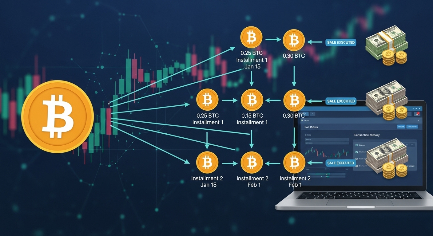 비트코인을 여러 번 나누어 파는 분할 매도 과정을 보여주는 이미지