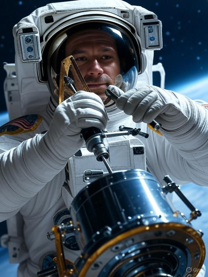 우주비행사가 궤도에서 우주 망원경을 수리하는 장면을 묘사