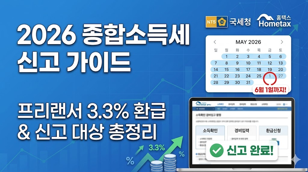 종합소득세 신고 기간, 대상자 확인 및 프리랜서 세금 환급 방법을 안내하는 대표 이미지.