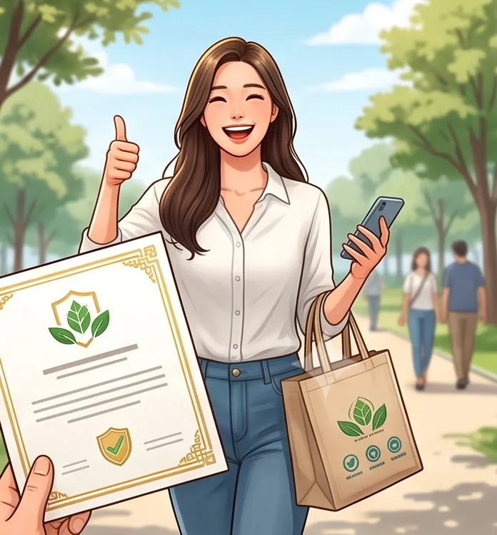야외에서 한 여성이 엄지손가락을 들어 올리며 한방 자동차 보험 서류와 쇼핑백을 들고 환하게 웃고 있는 모습