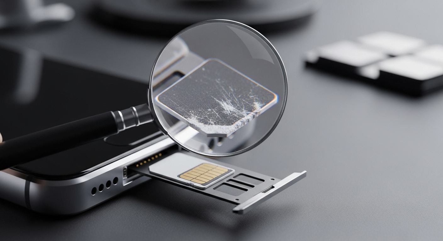 확대경으로 유심 손상 여부를 확인하는 모습, 칩 부분에 미세한 흠집이 보인다.