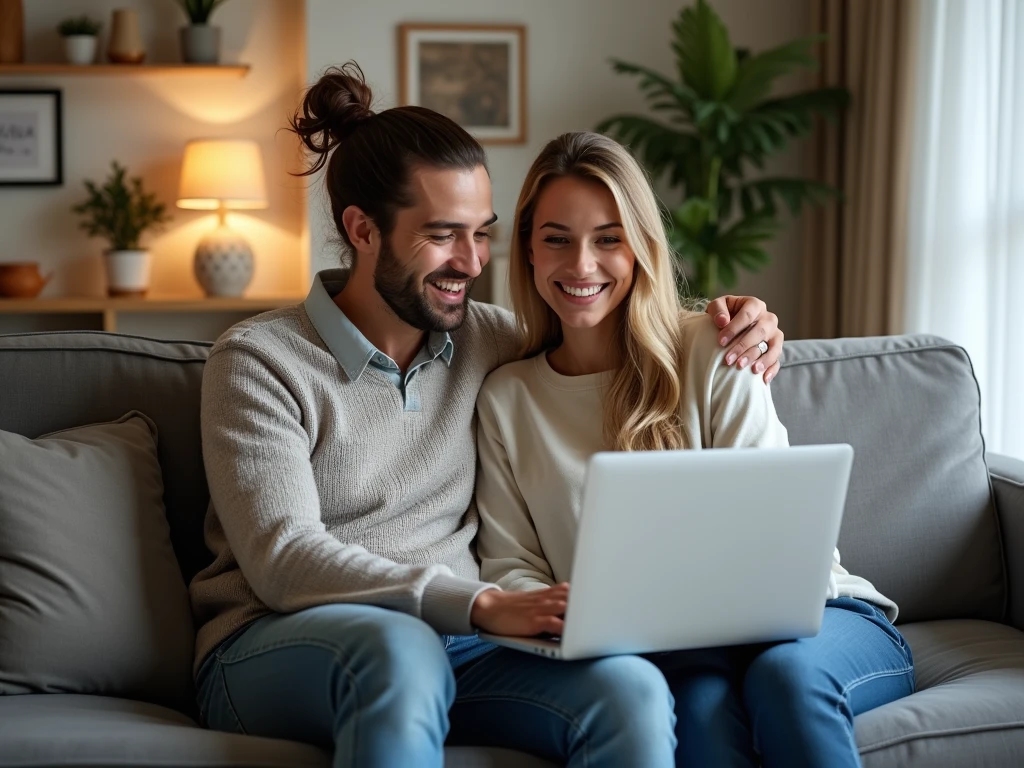 컴퓨터로 연말정산을 보고 기분좋아하는 부부