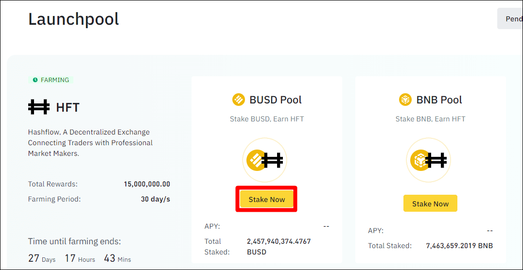 BUSD 풀의 Stake now 버튼이 있는 위치를 보여주는 사진