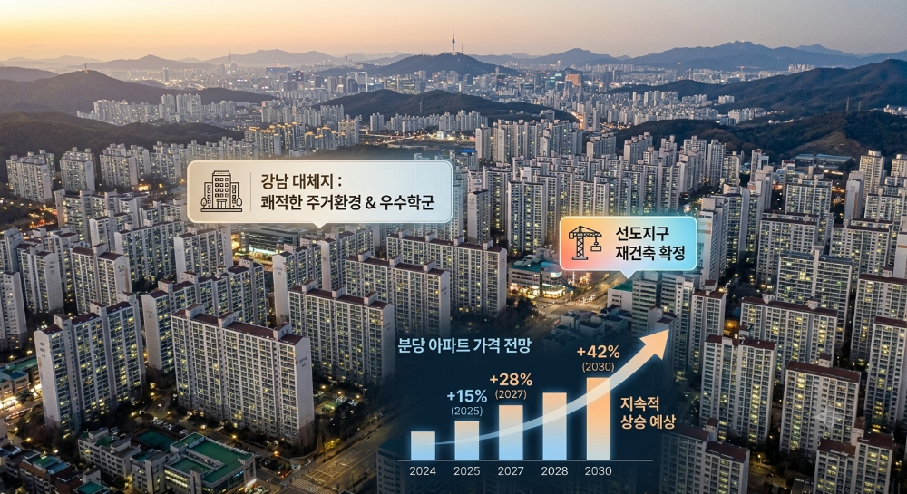 빽빽한 분당 아파트 단지 전경 위로 강남 대체지로서의 가치, 재건축 추진 현황, 미래 가격 상승 전망치를 나타내는 텍스트와 그래프가 포함된 인포그래픽 이미지.