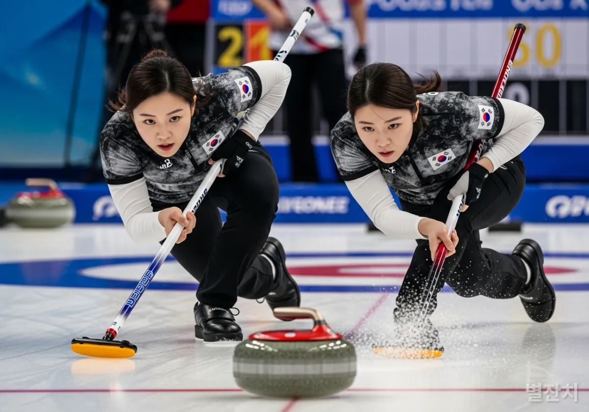 빙판 위에서 격렬하게 스위핑을 하며 스톤의 방향을 조절하는 한국 컬링 선수들의 모습